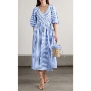 STAUD Jodie Striped Poplin Wrap-front Midi Dress Sea Stripe Casual Wardrobe S